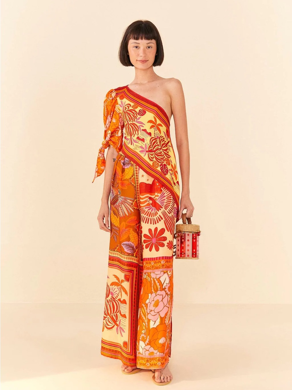 EUC One-Shoulder Orange Floral Top and Bottom Sz S